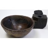 An 18th century burr wood bowl and a rustic inkwell dating from the same period