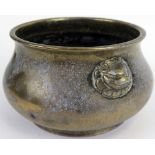 Rare Qing dynasty Chinese bronze censer with lion mask handles and four character marks to base.