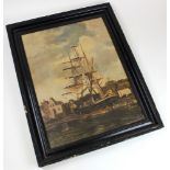 19th century Dutch School, Oil on oak panel, study of the SULA sailing barge on a river bank with