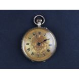 Ladies 9ct gold pocket watch, gilt dial with roman numerals surrounded by minute track, the dial