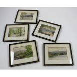 Five framed watercolours depicting Lake District landscapes. Visible picture size h.12cm x w.16.