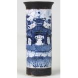 Chinese 19th century cylinder vase decorated in underglaze blue and iron oxide rim and four