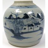 18th century Chinese provencial ginger jar decorated with a river scene in underglaze blue and 17 cm