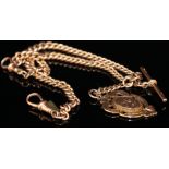 9ct Gold "T" bar pocket watch chain with sporting medal attached. length approx 43cm and weighing