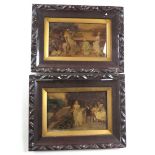 A pair of early prints behind curved smoked glass featuring regency garden scenes