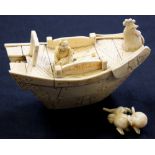 Chinese ivory model of a junk and another ivory carving