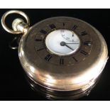 9ct Gold Half Hunter pocket watch, white enamel face with black Roman numerals with a second hand