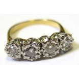 18ct stamped Ring set with 4 Diamonds approx 0.75ct size N weight 4.7 grams