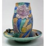 Large pastle Jug and bowl with a raised floral pattern by beswick standing 32cm tall