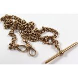 9ct Gold "T" bar pocket watch chain, length approx 44.5cm, total weight approx 37g