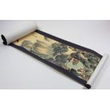 Chinese scroll painting depicting figures traversing a ravine. signed by Tang Yan. Measures 130 cm