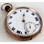 9ct gold open face pocket watch, the dial with roman numerals, bordered by a minute track,