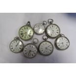 Seven open faced silver pocket watches all Victorian in various sizes