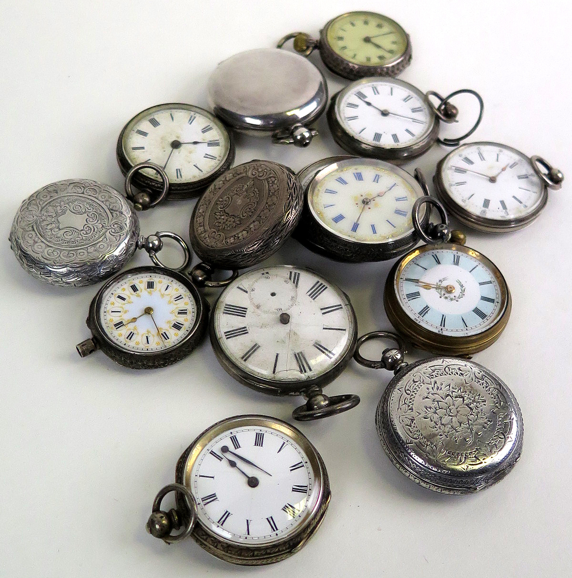 Fourteen silver Pocket / Fob watches, mixed condition with some better