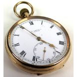 9ct gold, J W Benson open face pocket watch, Birmingham 1926, white enamel dial with black roman
