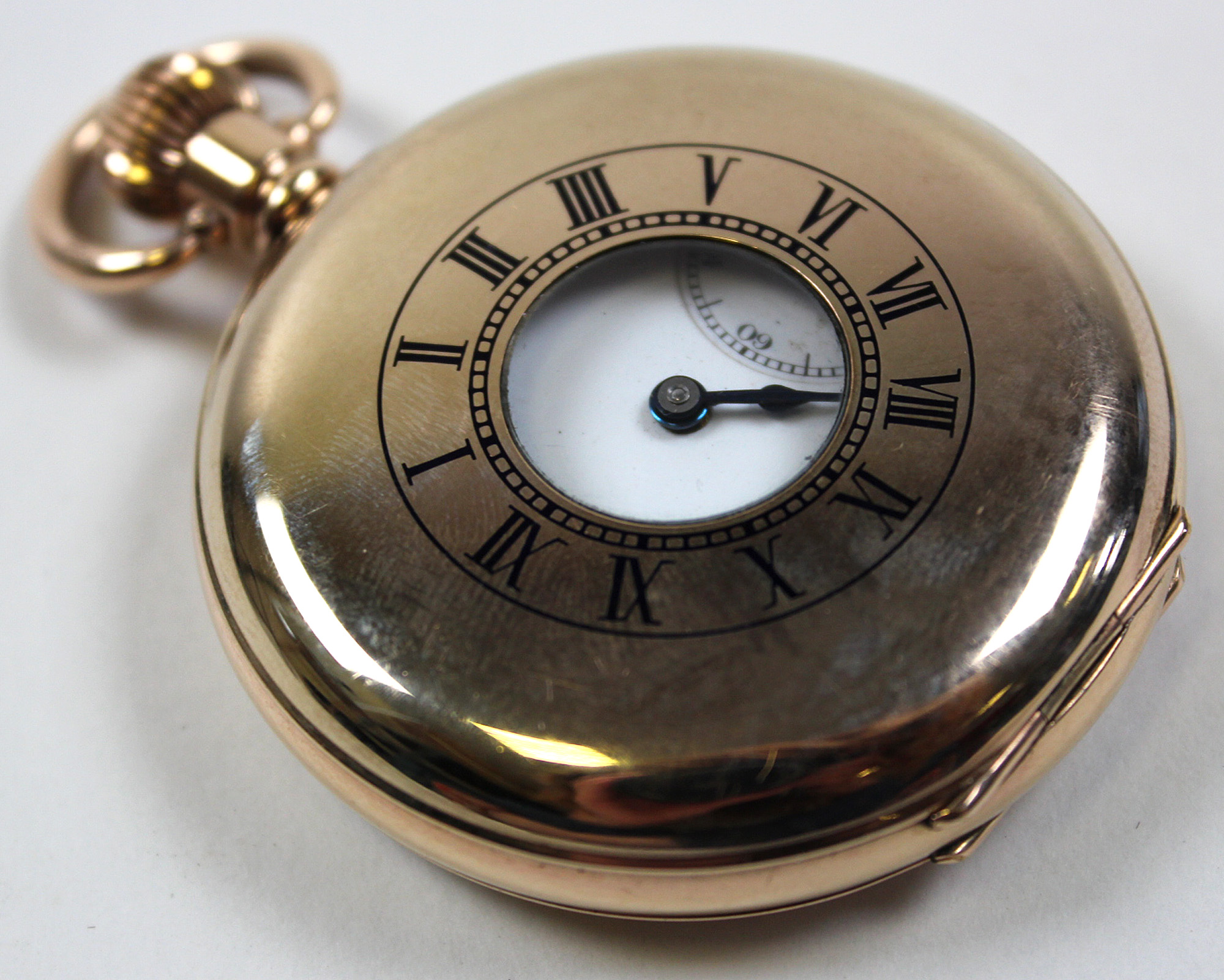 15ct gold half hunter pocket watch in the "Moon" case by Dennison (missing glass)