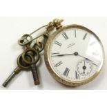 10ct Gold Ladies open faced pocket watch by A.W.Co. Waltham white enamel face with Roman numerals
