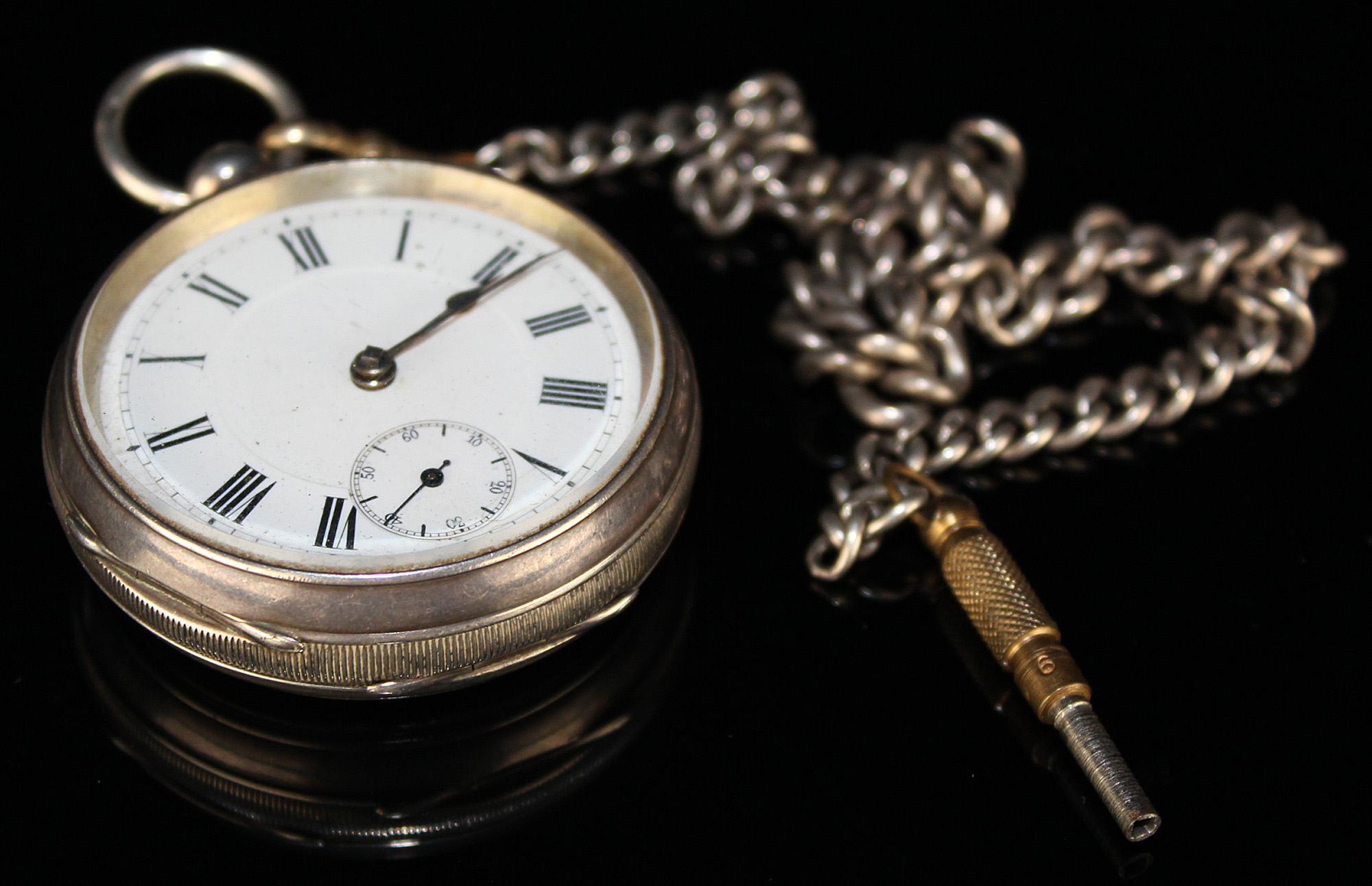 Silver open face pocket watch, Birmingham 1891, white enamel dial with black roman numerals,