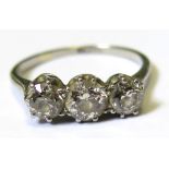 Plat. stamped 3 stone Diamond ring, central stone 0.50ct flanked by 2 0.35ct stones size P weight