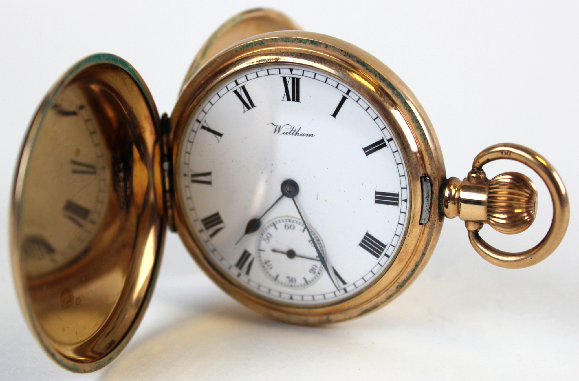 Waltham gold plated full hunter pocket watch, white enamelled dial, subsidiary seconds dial.