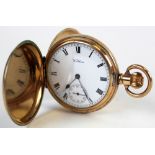 Waltham gold plated full hunter pocket watch, white enamelled dial, subsidiary seconds dial.