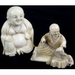 Two Meiji period Japanese Ivory Okimono of a Seated Buddha and a Basket Maker