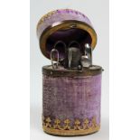 19th century ladies necessaire in purple velvet with gilt threadwork. Fitted out inside with six