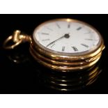 Yellow metal (tests as 18ct) open faced small pocket watch,white enamel dial with Roman numerals