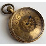 18 carat gold open face pocket watch, with gold dial and black arabic numerals,approx 38mm wide