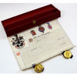 Cased King George V Indenture 1925, granting and assigning arms to Charles Honey Sanders, with two