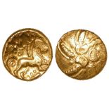 Ancient Celtic British gold stater of Addedomaros of the Catuvellauni, obverse :- Six armed