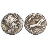 Roman Republican silver denarius of L.Flaminius Cilo c.109-108 B.C., Helmeted head of Roma right /