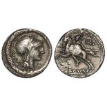 Roman Republican silver denarius of L.Manlius Torquatus of 113-112 B.C., obverse:- Helmeted head