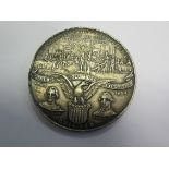 A large white metal medallion from the Worlds Colombian Exposition 1892-1893 Chicago. Depicts scenes