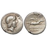 Roman Republican denarius of L.Calpurnius Piso L.f.L.n. Frugi, 90 B.C., Laureate head of Apollo