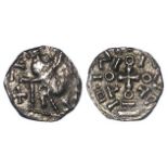 Anglo-Saxon silver sceat, Primary Phase c.680-c.710, Series F, obverse:- Bust, wearing pelleted, '