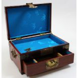 Chinese wooden table box with brass fitments and padlock. Lined with blue silk. 30 cm wide