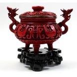 19th century Chinese Cinnabar laquer Koro, extensively carved with greek key decoration and fish.