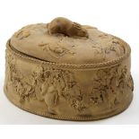 Wedgwood cane ware game pie dish, liner and cover moulded in relief with game birds, rabbits and