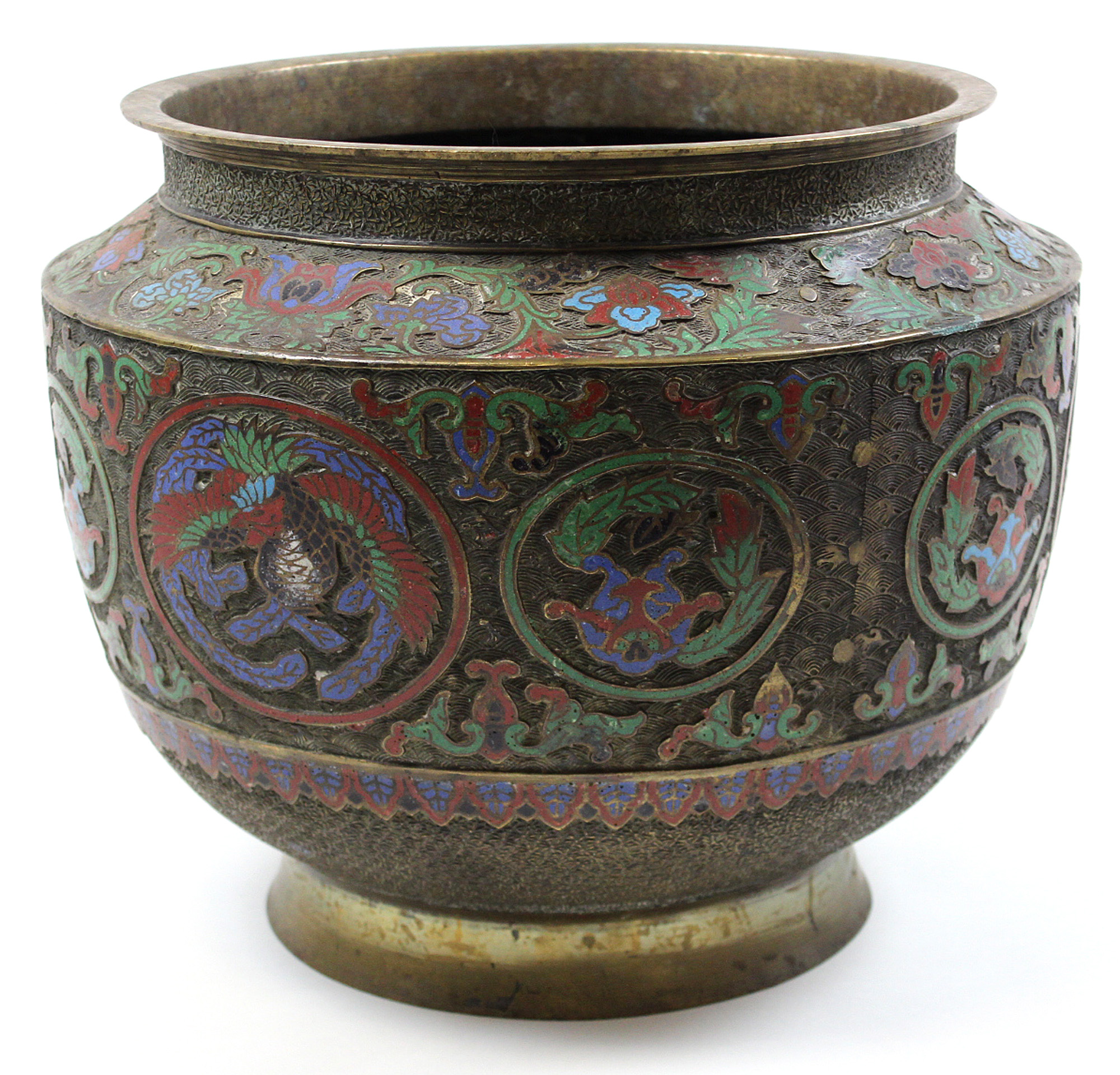 Large early 19th century Chinese Brass and Champleve enamelled Jardinaire with engraved decoration