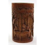 19th century chinese bamboo brush pot, 16cm high and deeply carved.