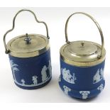 Pair of Wedgwood Jasperware biscuit barrells with silver plated lids. Both stamped to base