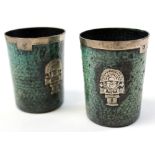 Pair of 19th century Mexican enamel on copper beakers with silver halmarked aztec decoration and