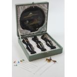 1960's Japanese laquered set of six shot glasses on a tray with stirrers and presented in a silk