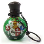 Unusual '19th century green glass perfume bottle with a heraldic shield painted to one side standing