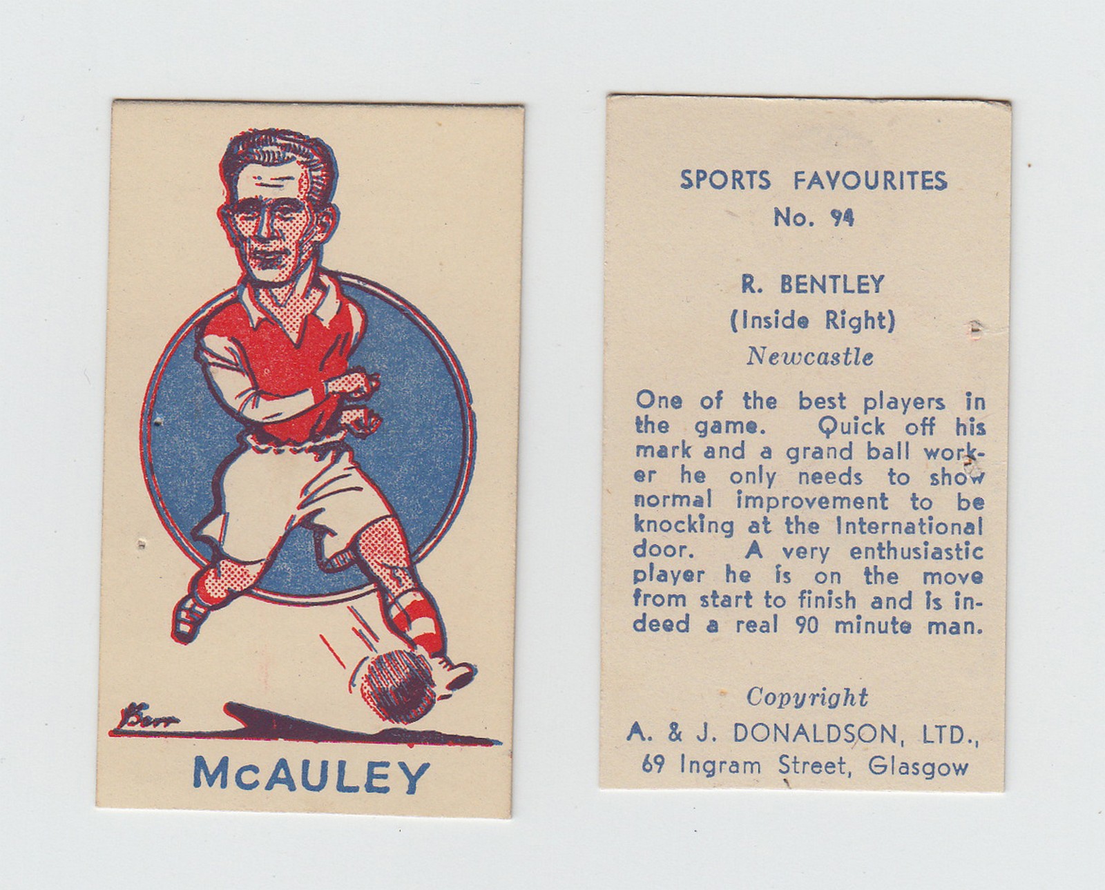 Trade cards, Donaldson's, Sports Favourites, 17 cards, all Football subjects, nos 1, 46, 91, 94,