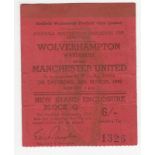 Football ticket, FAC Semi Final, 26 March 1949, Wolves v Manchester Utd played at Hillsborough (some