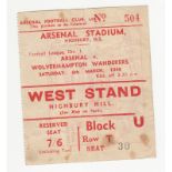 Football ticket, Arsenal v Wolves 6 Mar 1948, Div 1, (some sl staining and minor creasing, gen gd)