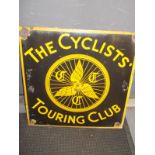 Enamel Sign, 'The Cyclists Touring Club' yellow design on black background with 'CTC' winged wheel