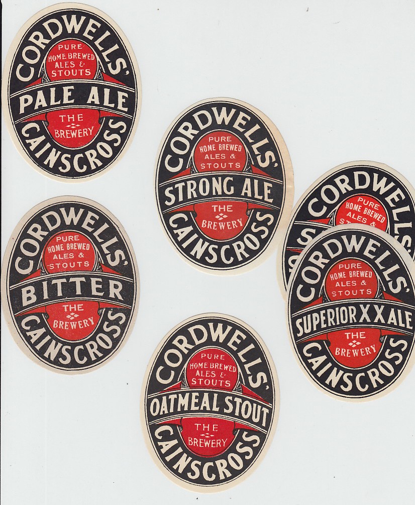 Beer Labels, Cordwells' Brewery, Cainscross, 6 different v.o's, Stout, Strong Ale, Bitter,